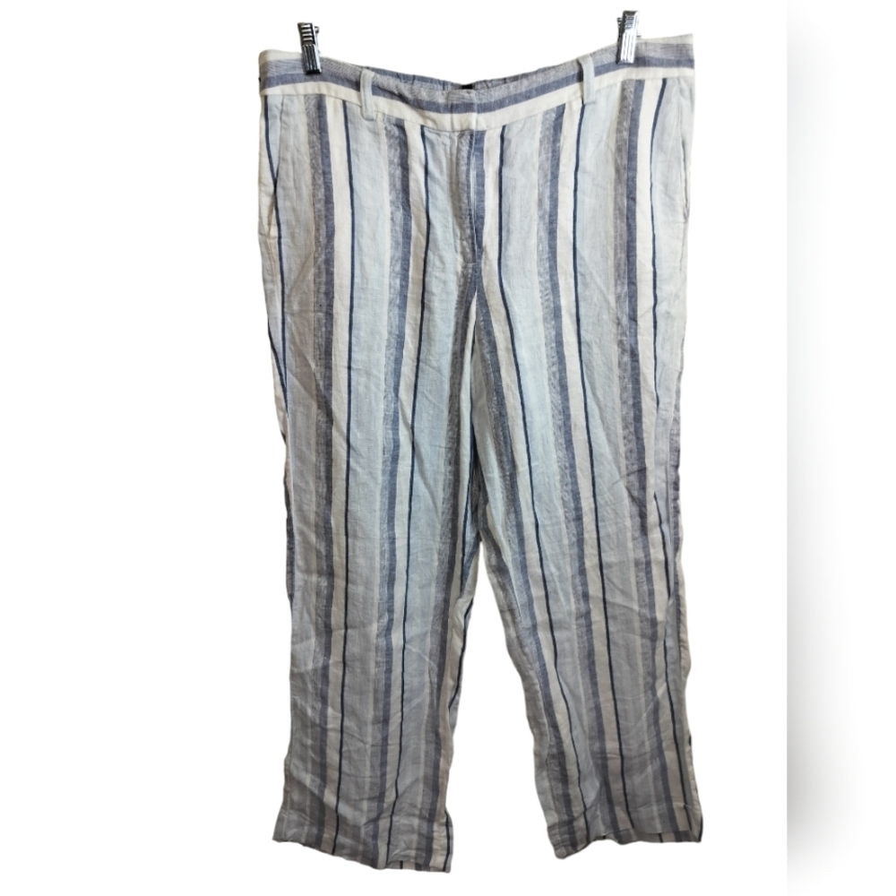 2546) Talbots Women Linen Striped Flats Front Straight Leg Cropped Pants Size 16